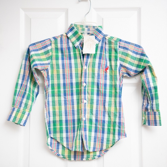 Beaufort Bonnet Co. 4T Boys Button Down Shirt NWT! Green Blue White Gingham - Picture 1 of 4